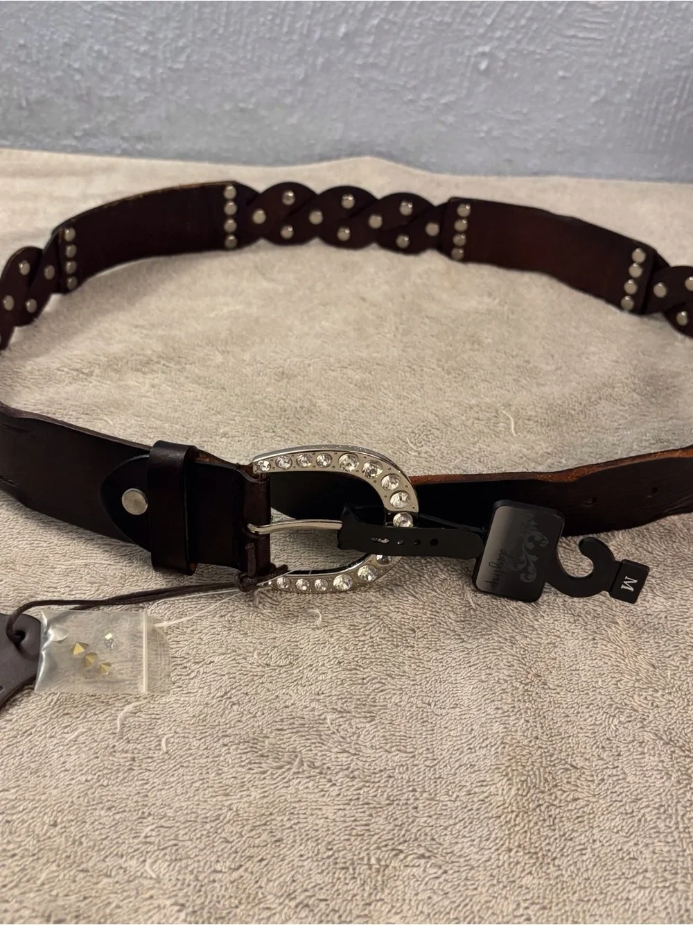 Daytrip Dark Brown Leather Braided Belt with Rhinestone Buckle SZ 34 NWT Boho